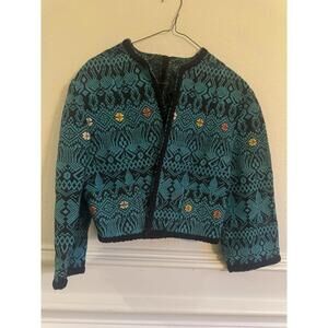 Vintage Floral Guatemalan Jacket M Blue Boho Artsy Folk Huipil Colorful Woven